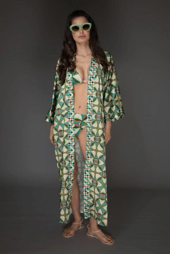 Nuvula Abstract Print Green Satin Kimono