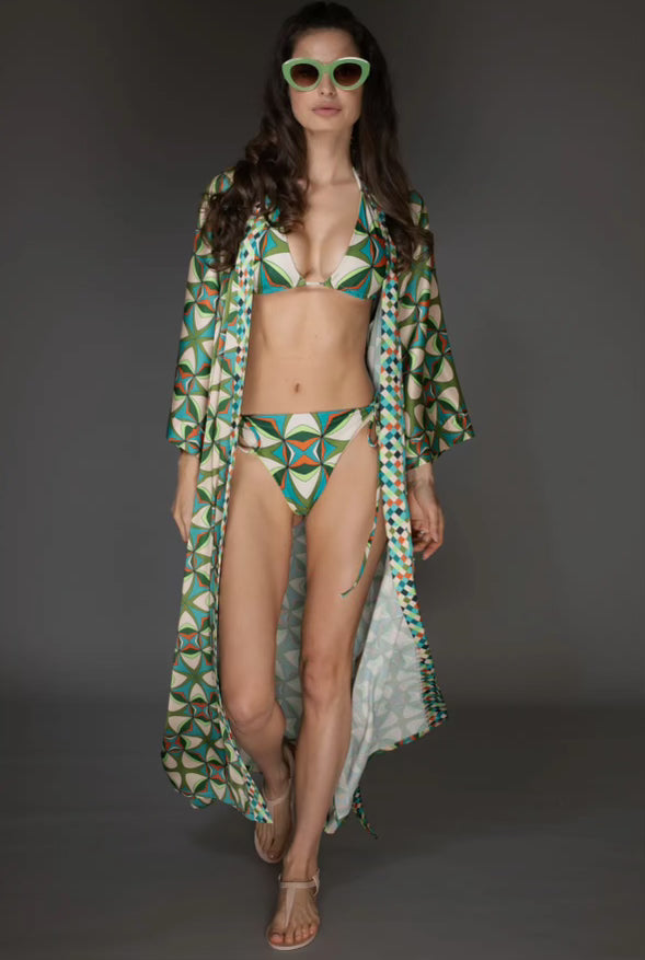 Nuvula Abstract Print Green Satin Kimono