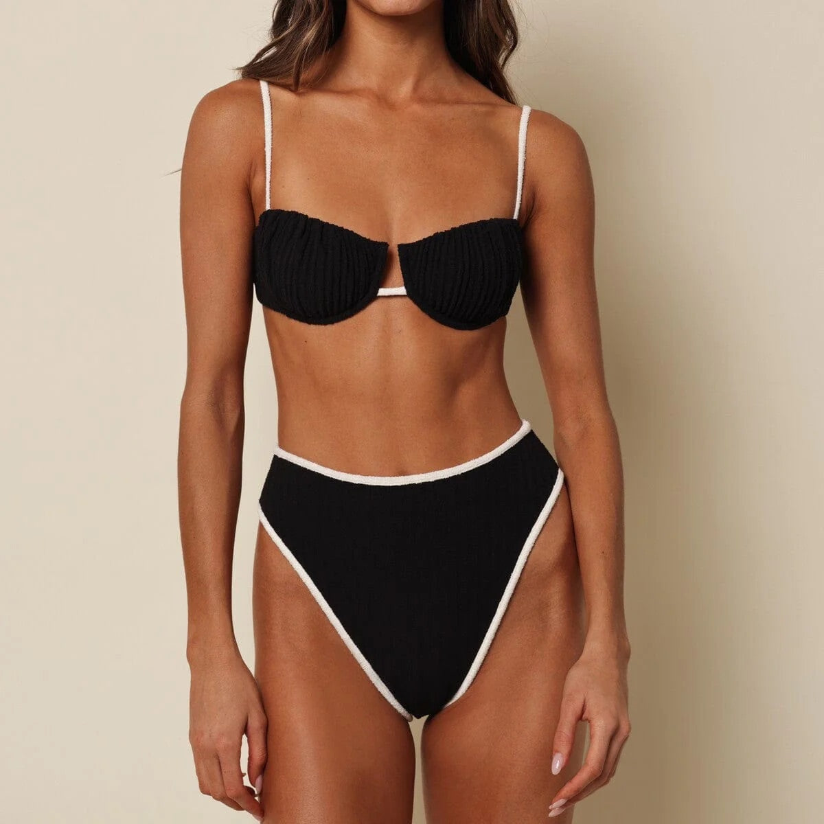 Montce Black (Cream Binded) Terry Rib Petal Bikini Top