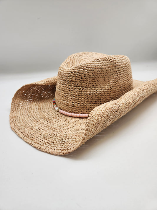 Hat Attack Raffia Crochet Cowboy Natural/Jewelry Trim